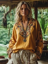 preiswerte Hemden-Damen Boho Bluse Leinenähnlich Atmungsaktiv Leicht Floral Grafik Vintage Stylisch Lässig Langarm 3/4 Ärmel V-Ausschnitt Reguläre Oberteile Täglicher Raffung Bestickter Druck Gelb Sommer Frühling