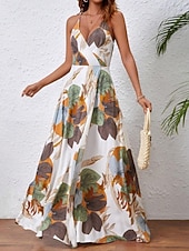 tanie Sukienki kwiatowe na co dzień-Damskie Sukienka maxi Codzienne sukienki Sukienka w kwiatki Sukienka na ramiączkach Elegancja Moda Nowoczesny Na zewnątrz Urlop Wyjściowe Regularny Kwiaty Bez rękawów W serek Biały Lato Wiosna