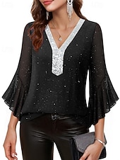baratos Blusas Elegantes-Mulheres Blusa Tops de lantejoulas Patchwork Bloco de cor à moda Moderno Manga 3/4 Sino Decote V Tops regulares Diário Feriado Para Noite Azul Preto Vermelho Verde Verão Primavera