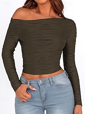 tanie gładka koszulka-Damskie Podkoszulek Koszulka Jednokolorowe Elegancja Moda Elegancki Długi rękaw Z odsłoniętymi ramionami Zwykłe topy Codzienny Wyjściowe Weekend Czarny Biały Rumiany róż Zieleń wojskowa Czerwony