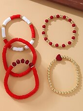 お買い得  レディースブレスレット-女性用ボヘミアンアクリルビーズブレスレットセット、ハートチャーム付きマルチカラーストレッチバングル、バレンタインデーのギフトや普段使いに最適な軽量重ね付け可能なブレスレット