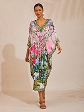 levne potisk neformálních šatů-růžový splývavý šifonový kaftan s diamanty a vzorem džungle