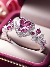 ieftine Ziua Îndrăgostiților-Inel de damă în formă de inimă cu piatră prețioasă roz – material din aliaj, pietre roz și transparente, design elegant – perfect pentru nunți și Ziua Îndrăgostiților