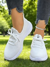 economico Sneakers da donna-scarpe da passeggio leggere bianche in Flyknit da donna: comode sneakers traspiranti con lacci, adatte per tutto il giorno, viaggi, fitness, lavoro e uscite informali