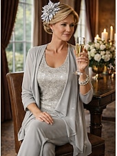 cheap Mom's Pant Suits-Jumpsuits Ankle Length Mother of the Bride Dress Long Sleeve Scoop Neck Elegant Wedding Guest Chiffon with Lace