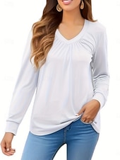 voordelige Effen t-shirt-Dames T-shirt Met ruches Effen Modieus Klassiek Casual Lange mouw V-hals Normale tops Dagelijks Uitgaan Weekend Zwart Wit Blozend Roze Leger Groen Lente Herfst