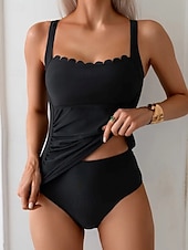 abordables Tankinis-Femmes Maillots de Bain Tankini 2 pièces Taille haute Maillot de bain Contrôle du ventre Taille haute Mince Dos nu Vacances Tenues de plage Couleur Unie Décolleté Sans manches Maillots de bain
