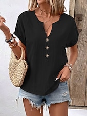 abordables Camiseta lisa-Mujer Camiseta Camiseta superior Botones del pecho Plano Moda Elegante Clásico Manga Corta Escote en Pico Tops regulares Diario Noche Fin de semana Negro Blanco Rojo Azul Marino Naranja Verano