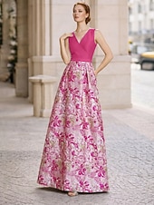 cheap A-Line Evening Dresses-A-Line Floor Length Evening Gown Elegant Sleeveless V Neck Wedding Formal Pocket Satin Jacquard with Pleats