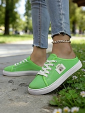 economico Sneakers da donna-Sneakers slip-on da donna in tela verde con lacci – comode scarpe da ginnastica senza schienale, ideali per passeggiate, shopping, corse a scuola e giornate estive informali