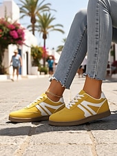 economico Donne-sneakers basse gialle retrò da donna - scarpe casual vintage con lacci, comode da indossare tutti i giorni per lo stile street &amp; outdoor