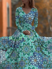 economico Abiti floreali-Per donna Abito maxi Abito Pieghettato Festa Casual Boho Quotidiano Data Uscire Vestibilità regolare Floreale Manica Lunga Scollo a V Blu Verde Estate Primavera