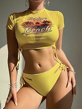 preiswerte 3-teiliges Bikini-Set-Damen Badeanzug Bikini Dreiteilig Freche Unterhose Bademode Schlank Rückenfrei Urlaub Strandbekleidung Grafik Hoher Ausschnitt Ärmellos Badeanzüge