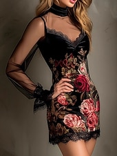 preiswerte Western Boho Kleid-Damen Minikleid Bodycon Blumenkleid Mode Modern Outdoor Urlaub Party Normale Passform Blumen Langarm Rollkragen Blau Gelb Rosa Frühling Herbst