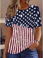  Uavhengighetsdag Patriotisk Kvinne T-skjorte Grafisk Flagg Vintage Motebasert Korte Ermer Crew Neck Vanlige Topper Daglig Helg Fargeblokk Trykk Rød  Blå Sommer Vår