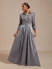 billiga Blommig klänning-Dam Maxiklänning A linjeklänning Empire midjeklänningar Fit And Flare Klänning Elegant Formell Kvällsfest Gradering Paljetter Spets Normal Ensfärgat Blommig 3/4 ärm Tröjkrage Silver