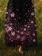  Mulheres Vestido maxi longo Vestido casual Vestido Boho Vintage Diário Ao ar livre Praia Ajuste Largo Floral Manga Curta Decote U Preto Verão Primavera