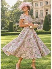 billige Cocktailkjoler-A-linje Gulvlengde Te-lengde Formell kjole Floral kjole Cocktailkjoler Elegant Årgang Blomster Kortermet Løse skuldre Hage fest Bryllup Lomme Jacquard Cowlhals med Blomstertrykk Lomme