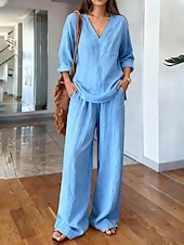 preiswerte Wesentliche Faux Co-ord Sets-Damen-Sets aus Leinenimitat, zweiteilig, mit Bolero, langen Ärmeln und V-Ausschnitt, schlicht, modisch, Streetwear, Basic, lässig, für Alltag und Freizeit, in Blau, Weiß und Braun, Sommer, normale Passform