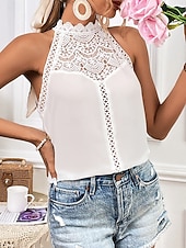 Недорогие Кружевные топы-Жен. Кружевной топ Блуза Кружева Пэчворк Сплошной цвет Полотняное плетение Стиль Современное На каждый день Без рукавов Вырез под горло НАЙКА НЕКО Обычные топы Повседневные Праздники На выход