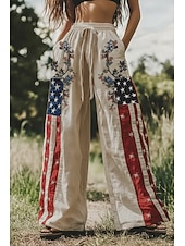  מכנסי פשתן רחבים לנשים, יום העצמאות האמריקאי, מכנסי פאלאצו, אופנתי, בוהו, מכנסיים באורך מלא, מותן גבוה, שרוך פרחוני, הדפס מותן אלסטי, נושם, נוח, רחוב, לבוש יומיומי