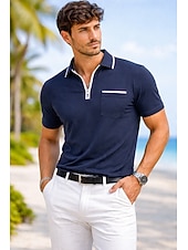 abordables Polo Clásico para Hombre-Hombre Polo de algodón Camiseta de golf Casual Vacaciones Diseño Cremallera de un cuarto Manga Corta Moda Músculo Color sólido Plano Cremallera Bolsillo Verano Primavera Primavera verano Ajuste