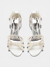 cheap Bride-Women's Ivory Platform Chunky Block Heel Sandals, Pearl-Embellished Ankle Strap Bridal Shoes for Church Weddings