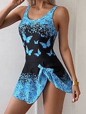 tanie Stroje kąpielowe jednoczęściowe-Damskie Stroje kąpielowe Jeden kawałek Spódnica Kostium kąpielowy Elegancja Urlop Graficzny Motyl Łódeczka Bez rękawów Kostiumy kąpielowe