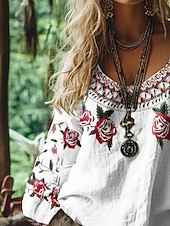 cheap Boho Tops-Women's Shirt Boho Shirt Blouse Print Floral Graphic Bohemia Vintage Stylish Long Sleeve V Neck Regular Tops Daily Holiday Going out White Summer Spring Fall