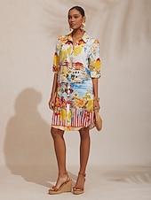 Недорогие Платья для отпуска-Платье-рубашка прямого кроя из атласа с цветочным принтом для отдыха