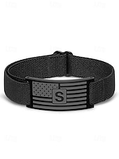 cheap Men's Jewelry-Men's Adjustable Alphabet Bracelet with Stainless Steel Flag Plate, Polyester Elastic Band, 26 Initial Letters, Patriotic Wristband for US 250th Anniversary &amp; Independence Day