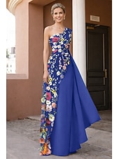 cheap A-Line Evening Dresses-A-Line Sheath Column Floor Length Evening Gown Ball Gown Formal Dress Elegant Vintage Floral Sleeveless One Shoulder Wedding Formal Pocket Lace Stretch Fabric with Glitter Ruffles Embroidery