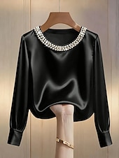baratos Blusas Elegantes-Mulheres Blusa Com Miçangas Côr Sólida Elegante à moda Manga Longa Gola Redonda Tops regulares Diário Trabalho Preto Branco Verde Damasco Primavera Outono
