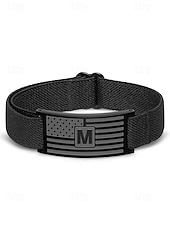 cheap Men's Jewelry-Men's Adjustable Alphabet Bracelet with Stainless Steel Flag Plate, Polyester Elastic Band, 26 Initial Letters, Patriotic Wristband for US 250th Anniversary &amp; Independence Day