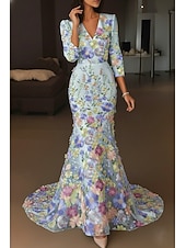  A-linje Gulvlengde Kveldskjoler Formell kjole Elegant Årgang Blomster Halvlange ermer V-hals Bryllup Formell Sateng Blonder med Brodert blomst Broderi Appliqué