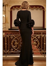 preiswerte Meerjungfrau Abendkleider-Meerjungfrauenschnitt Bodenlang Kleid für Hochzeitsgäste Abendkleid Brautmutterkleid Dreiviertelarm V Ausschnitt Elegant Formell mit Rüschen
