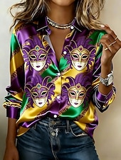 levne Dámské Mardi Gras Oblečení-Mardi Gras Dámské Košile Grafika Geometrický Abstraktní Vinobraní stylové Moderní Dlouhý rukáv Košilový límec Běžné topy Denní Dovolená Žlutá Fialová Trávová zelená Léto Jaro