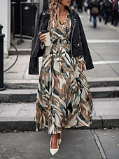 cheap Casual Floral Dresses-Women's Long Dress Maxi Dress A Line Dress Floral Dress Elegant Fashion Modern Daily Outdoor Vacation Regular Fit Floral Long Sleeve V Neck Red Brown Spring Fall