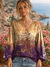  Γυναικείο Boho Μπλούζα Από Λινό Αναπνεύσιμο Ελαφρύ Λουλουδάτο Κομψό Μποέμια Vintage Μακριά Μανίκια V Neck Κανονικά Τοπ Καθημερινά Διακοπές Πατρόν Κουμπιά Εκτύπωση Κόκκινο Ανοιχτό Μωβ Καλοκαίρι Άνοιξη