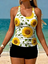 billige Tankinier-Dame Badetøy Tankini 2 stk Høy Midje Badedrakt Midjekontroll Høy Midje Tynn Åpen rygg Ferie Strand Klær Blomstret U-hals Ermeløs Badedrakter