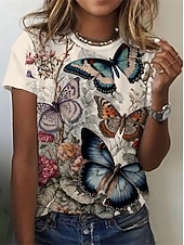 Недорогие Животные пьют-Жен. Футболка С принтом Графика Животное Винтаж Стиль Классика С короткими рукавами Вырез под горло Круглый вырез Обычные топы Повседневные выходные Белый Хаки Бежевый Лето Весна Осень Зима