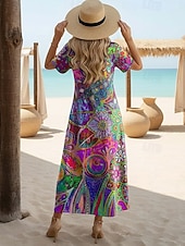 זול אומנות ועיצוב שמלות-בגדי ריקוד נשים שמלת מידי שמלת קיץ שמלה עם כיווץ במותן חופשה יום יומי בוהו פרפר חופשה ליציאה רגיל פרחוני גראפי קשת שרוולים קצרים צווארון צווארון פול אדום כתום סגול בהיר סגול קיץ