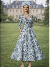 billige Ankellengde-A-linje Ankellengde Festkjole Cocktail Kjole Gjestekjole til bryllup Kjole til brudens mor 3/4 ermer V-hals Elegant Årgang Formell Kentucky Derby Semi-formelt Jacquard med Plissert