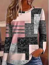 preiswerte Streifen- und geometrisches T-Shirt-Damen T Shirt Druck Grafik Geometrisch Mode Lässig Langarm Rundhalsausschnitt Normale Oberteile Täglich Blau Rosa Rote Leicht Braun Sommer Frühling Herbst Winter