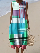 cheap Stripe&amp;Geometric Dress-Women's Midi Dress Linen Like Shift Dress Casual Beach Going out Loose Fit Graphic Geometric Sleeveless Crewneck Blue Light Yellow Yellow Purple Summer Spring