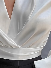 tanie Eleganckie bluzki-Damskie Elegancki Top satynowy Letnie szczyty Bluzka Z marszczeniami Niejednolita całość W fałdki Równina Elegancja Zabytkowe damska Długi rękaw W serek Zwykłe topy Codzienny Praca Święto Biały Lato