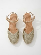 abordables Femmes-Espadrilles compensées blanches en dentelle pour femmes - élégantes sandales à plateforme crochetées à bout fermé et bride cheville, chaussures confortables pour les vacances d'été à la plage.