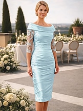 abordables Longitud del té-Funda Columna Hasta la Rodilla Vestido de Fiesta Vestido Cóctel Vestido Invitada Boda Vestido de Madrina Media Manga Hombros Caídos Elegante Invitado a la boda Fiesta de Boda Tafetán con Apliques
