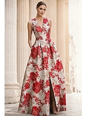  A-linja Kokopitkä Iltapuku Tyylikäs Vintage Kukka-aihe Hihaton V kaula-aukko Häät Muodollinen Jakardi kanssa Kukkapainatus Laskokset Tasku