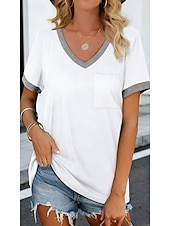 voordelige Effen t-shirt-Dames T-shirt Lapwerk Zak Kleurenblok Effen Kleur Stijlvol Casual Korte mouw V-hals Lange tops Dagelijks Uitgaan Zwart Wit Rood Grijs Zomer Lente